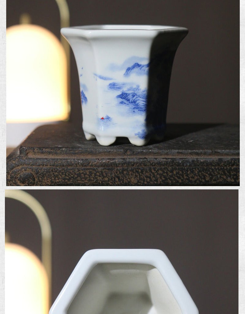 Ceramic Bonsai Pot with Landscape Design, Hexagonal Shape, Multiple Variants