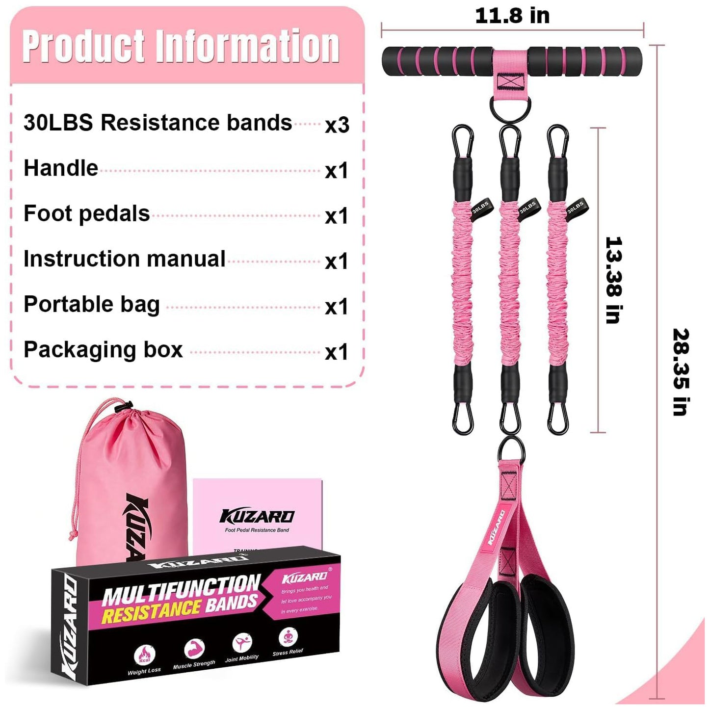 3-Tube Resistance Bands with Handles & Foot Pedals - Pink