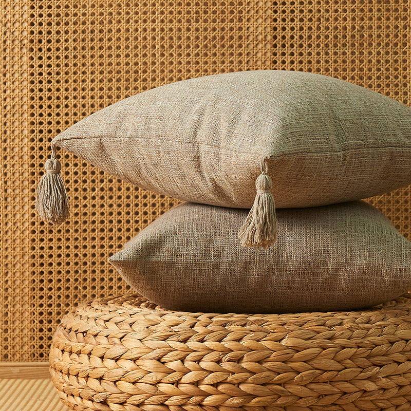 Japanese Solid Color Cotton Linen Fringe Pillow with Tassels - Home Decor
