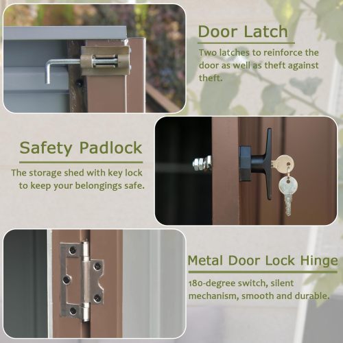 6x4 FT Metal Outdoor Storage Shed Waterproof Garden Tool & Bike Storage with Lockable Double Doors - Brown