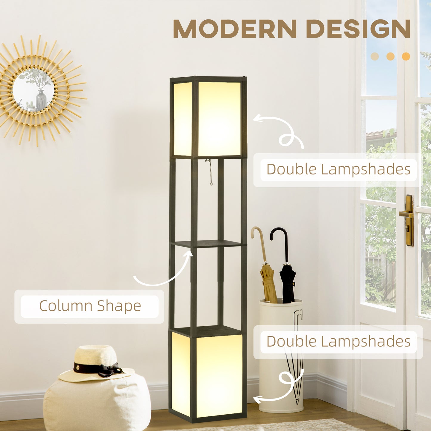 Modern Floor Lamp with Dual Ambient Shelves - Black, 300x190x420mm
