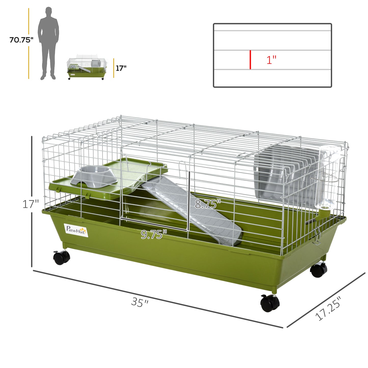 Small Animal Cage with Food Dish Water Bottle & Ramp, Green, 35"L