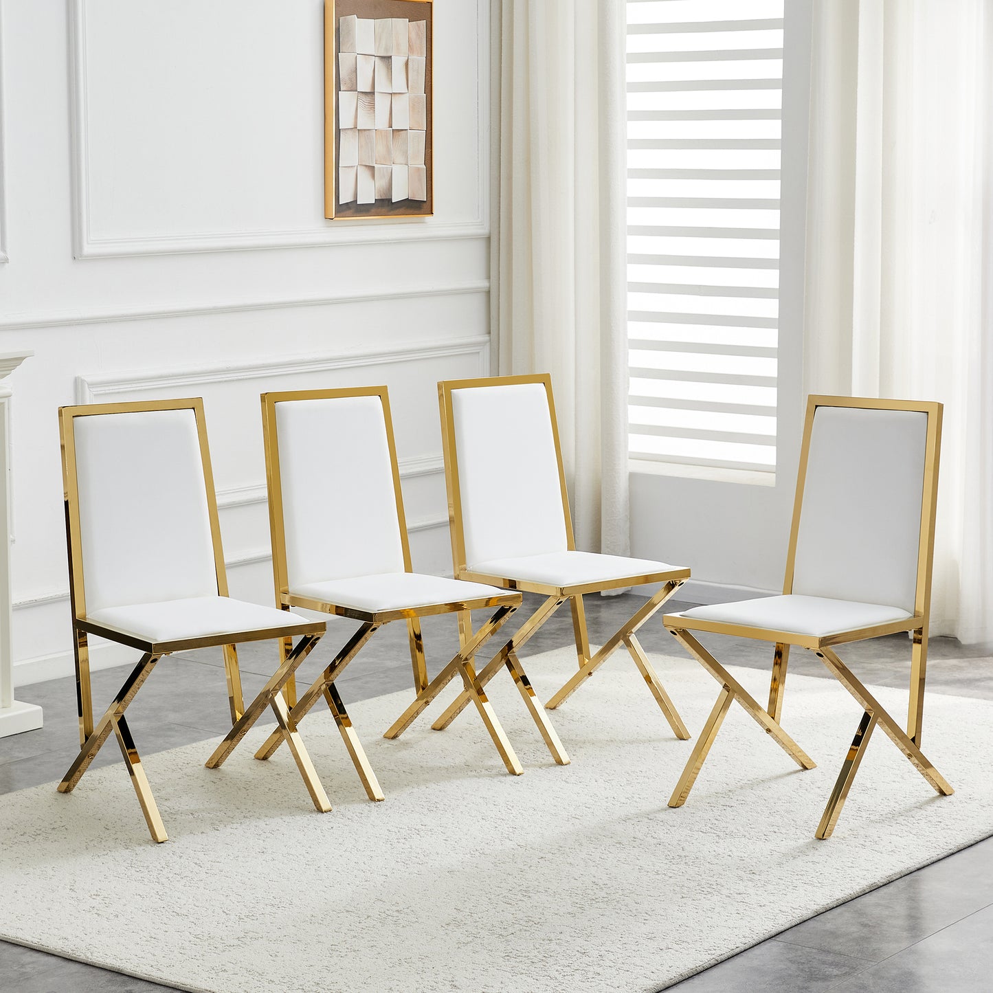 4-pack Gold Metal Framed White PU Dining Chairs,Ergonomic Design, A