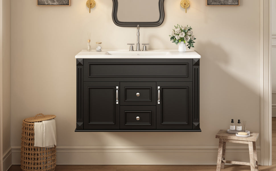 36-Inch Wall-Mounted Bathroom Vanity with Ceramic Sink - Black