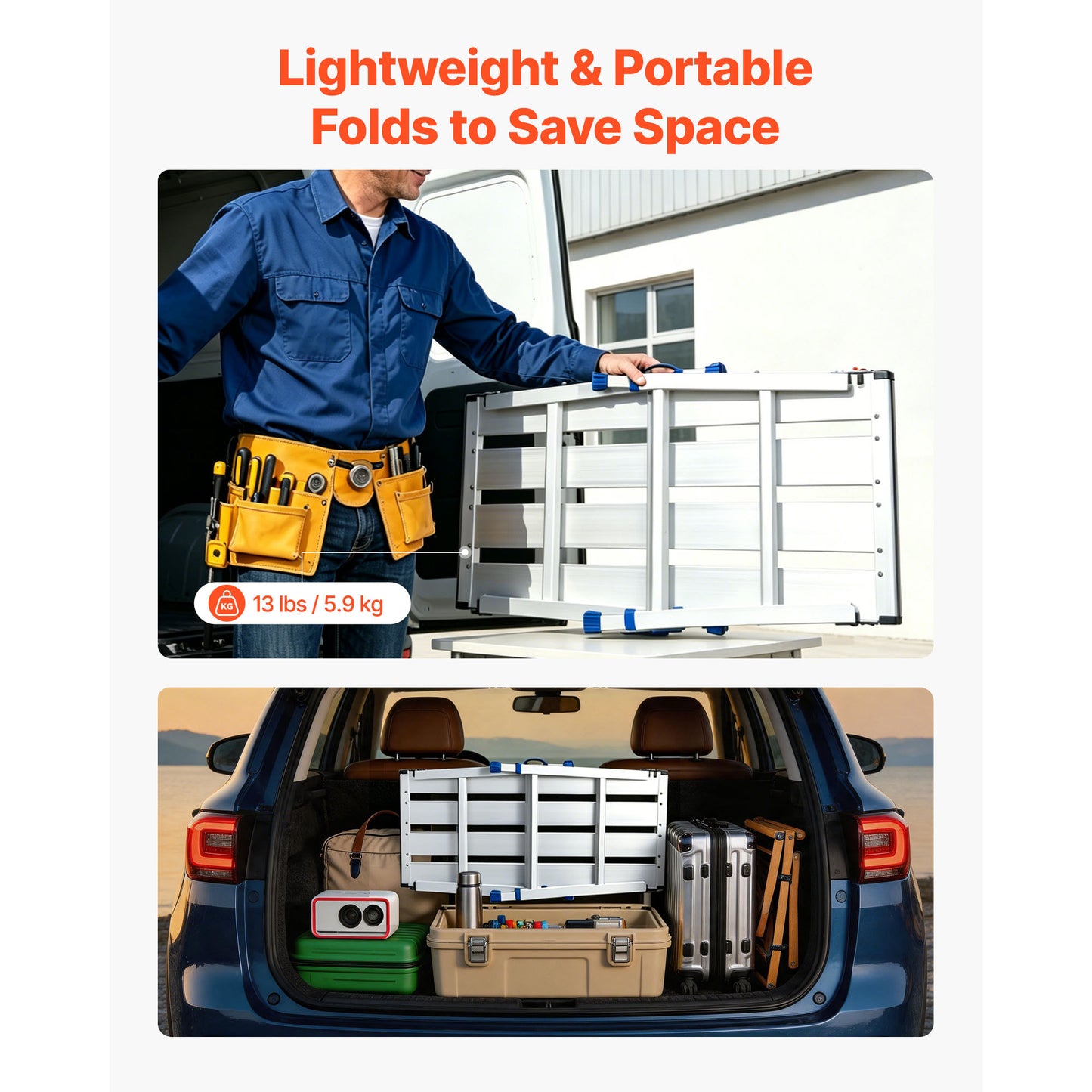 Adjustable Folding Work Platform Ladder - Heavy Duty Aluminum Step Stool, 500 Lb Capacity