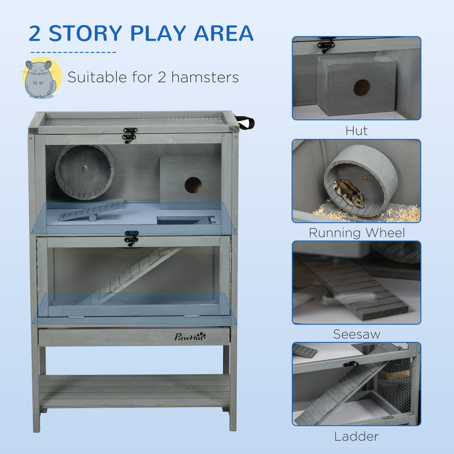 Large Wooden Hamster Cage with Storage Shelf, Wide Ramp & Running Wheel
