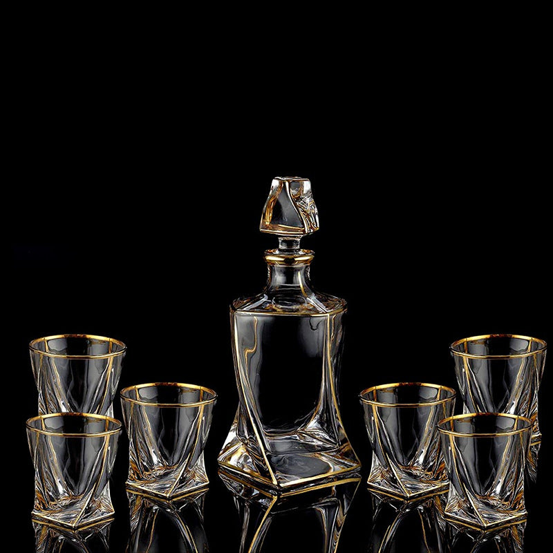 Crystal Whisky Glass Set - Home Bar Drinkware with Gilded Pattern