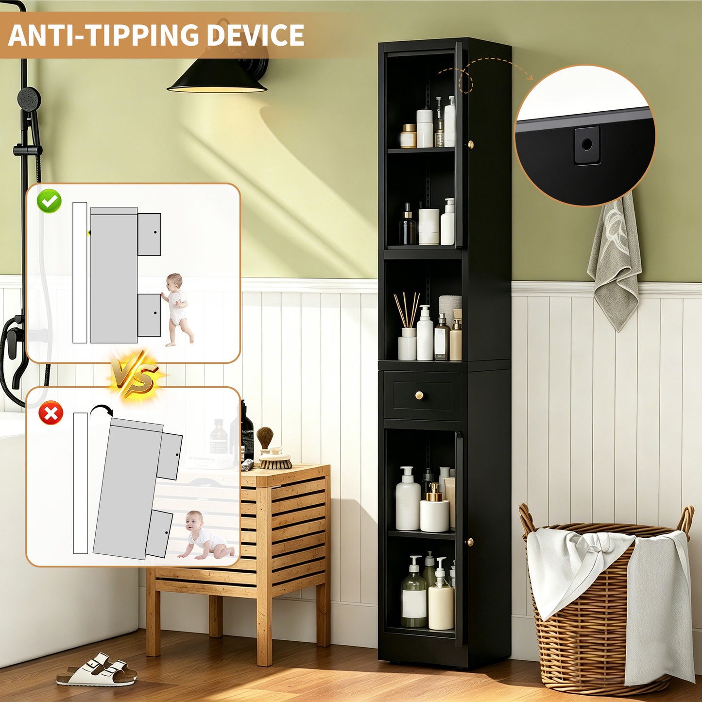 71 Inch Tall Bathroom Storage Cabinet - 5-Tier Freestanding Metal Cabinet, Black