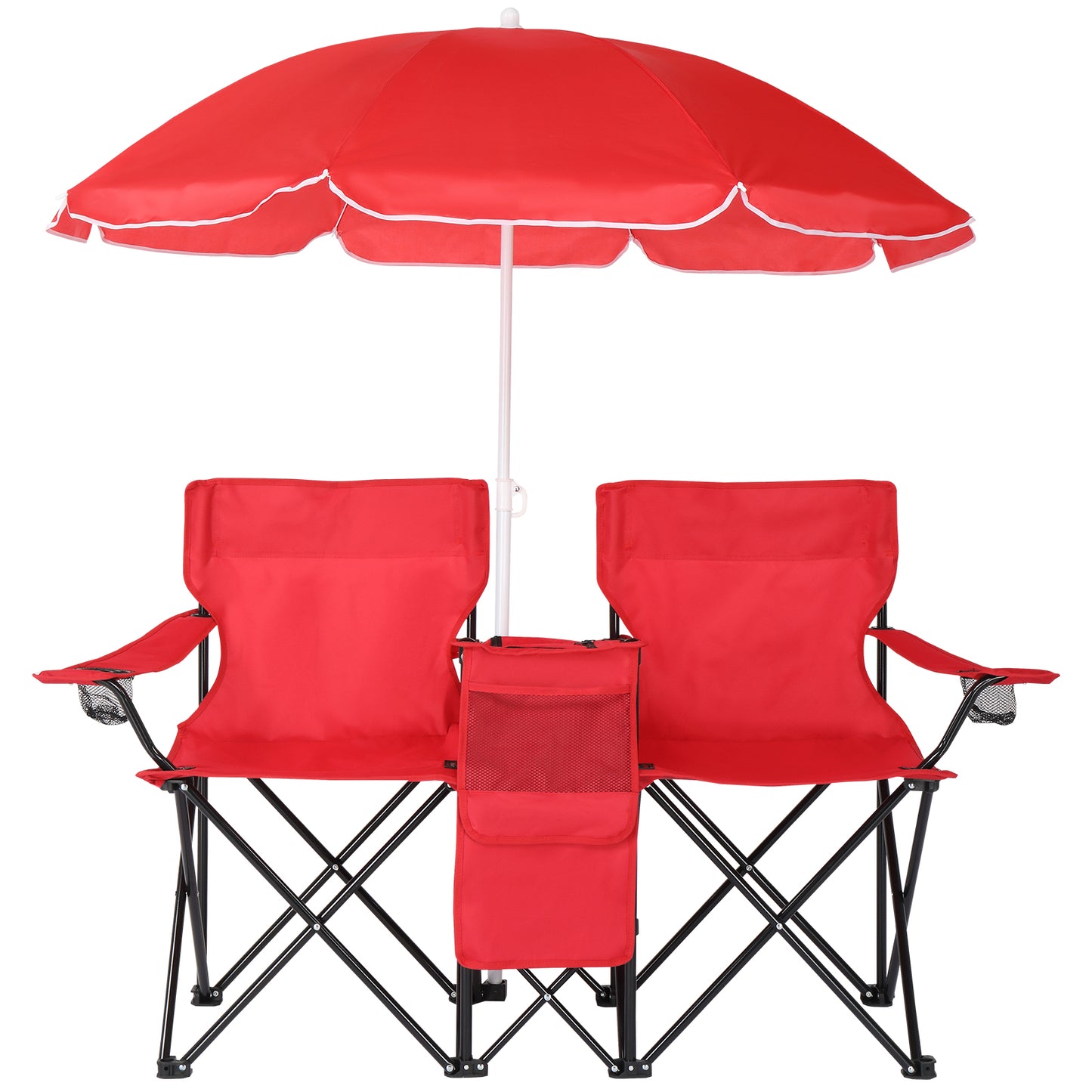 Folding Double Camping Chair with Removable Umbrella & Cup Holders - Red