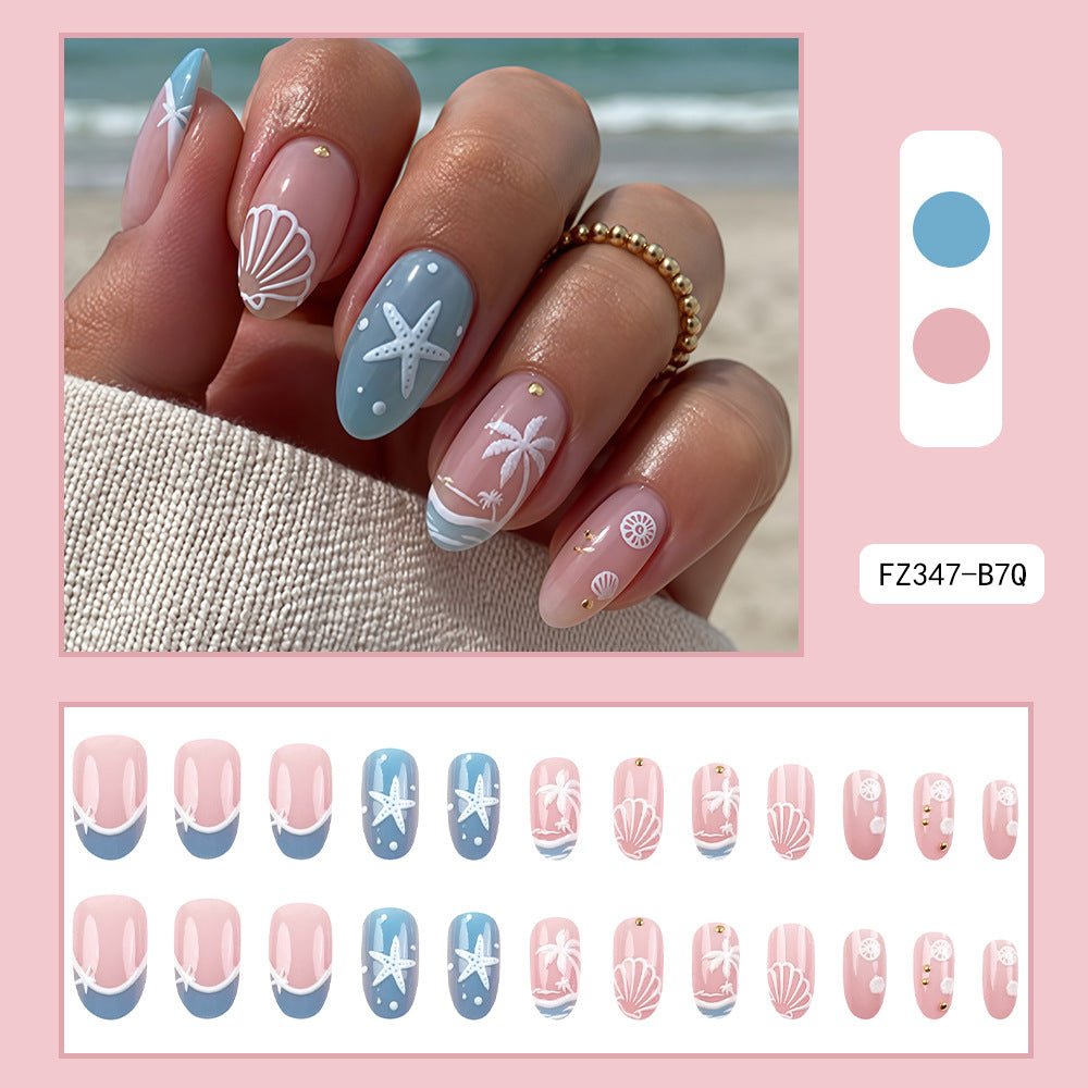 24 Oval Artificial Nails with Rhinestones - French Design