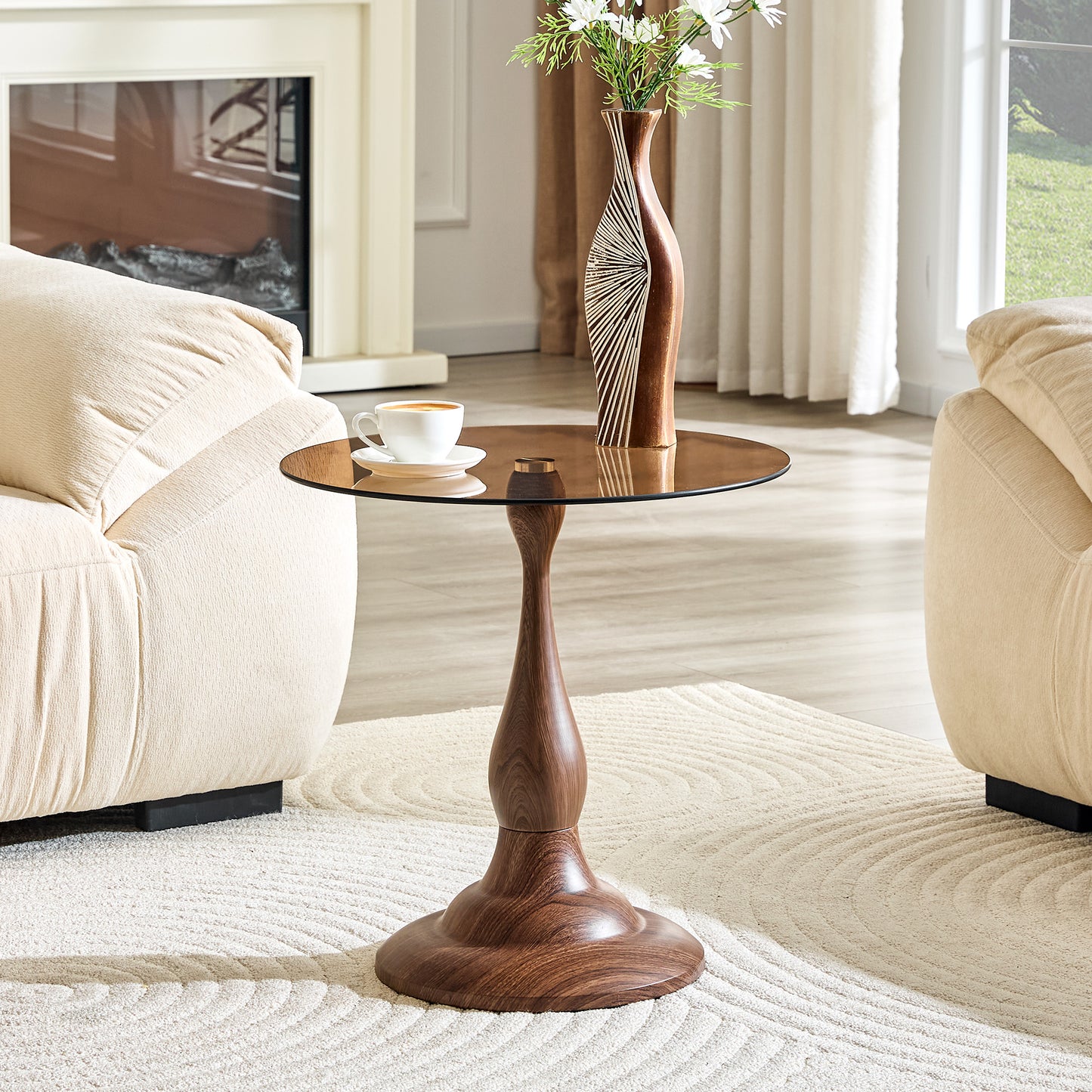 Small Round Metal Side Table with Glass Top - Walnut Finish