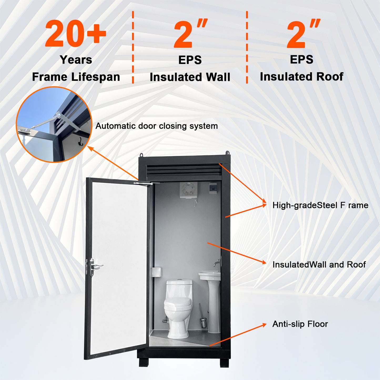Portable Outdoor Toilet Cabin with Light, Sink & Vent Fan, Silver