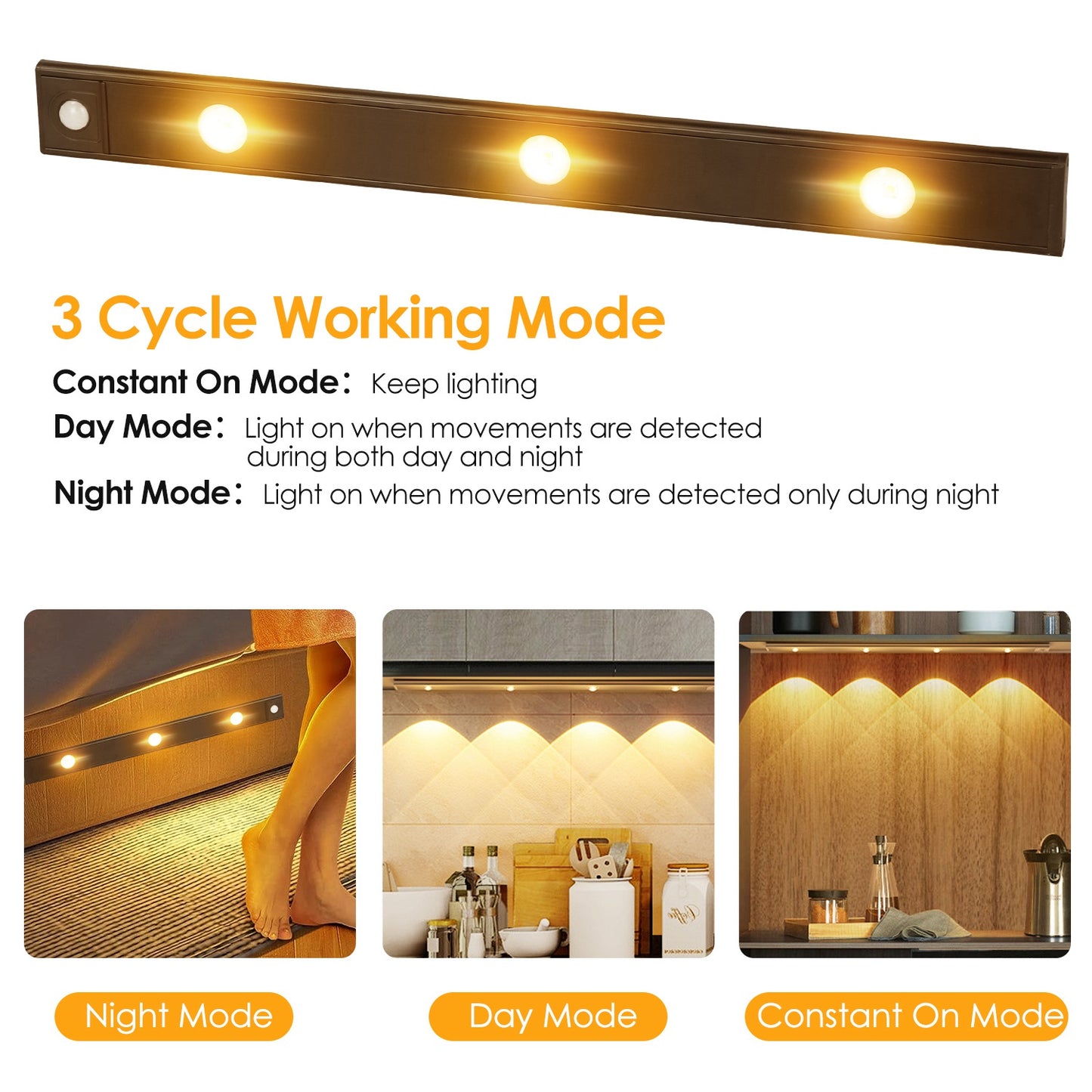 Rechargeable Motion Sensor Cabinet Light 3 Color Dimmable LED Night Light
