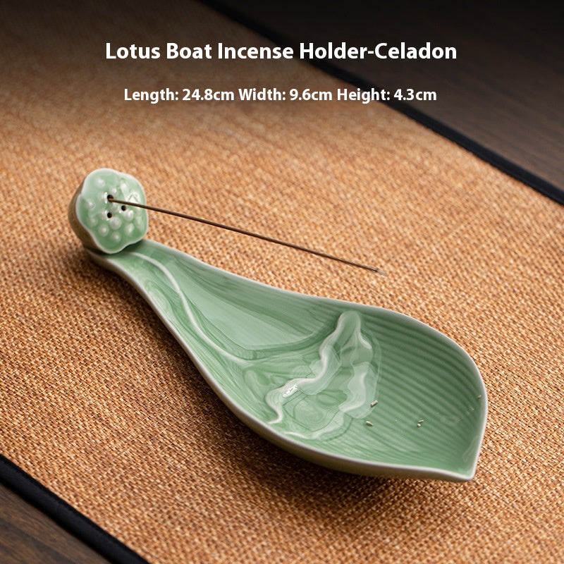 Ceramic Lotus Boat Incense Holder with Wooden Base - Zen Home Fragrance Decor