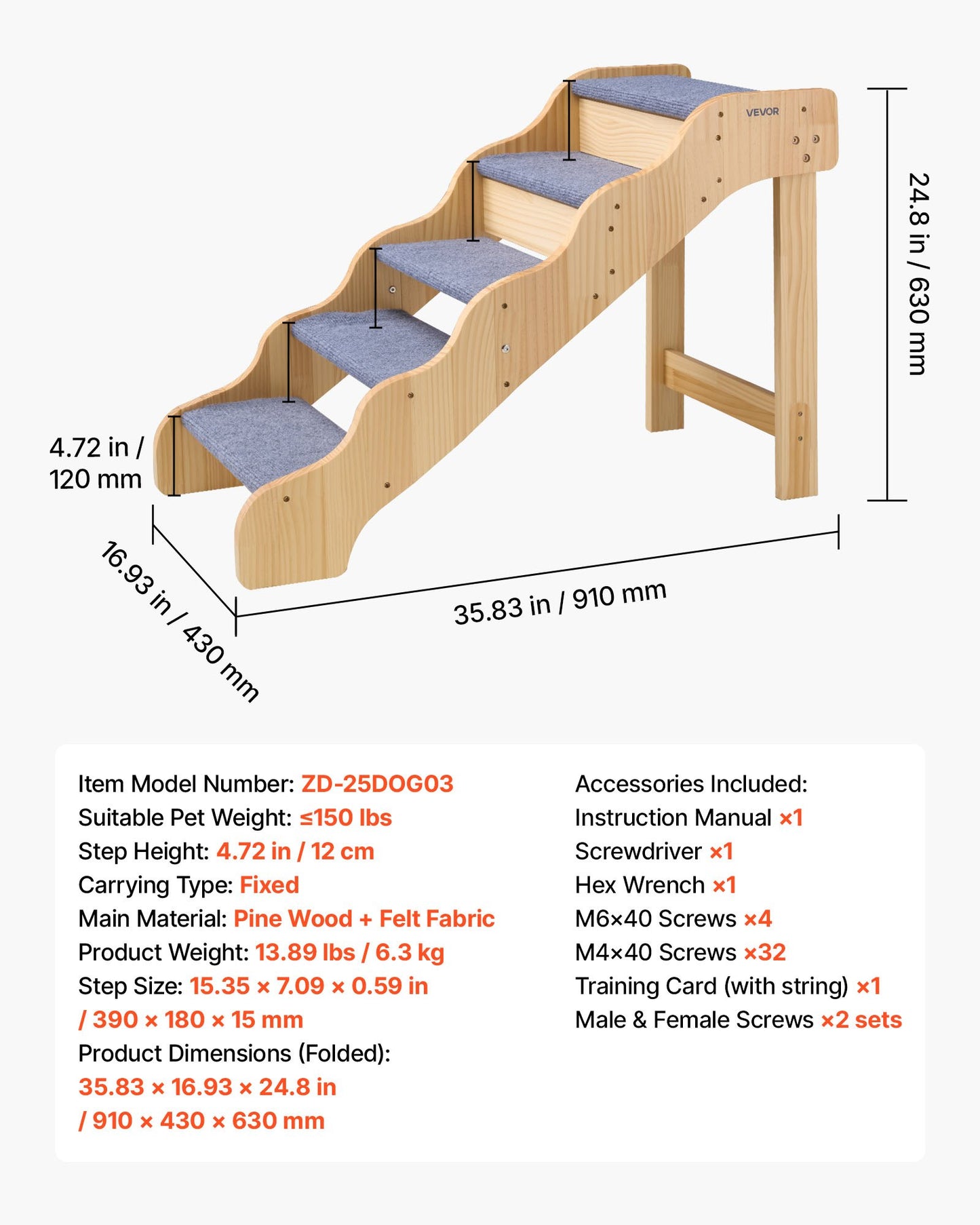 Wood Pet Stairs for Dogs and Cats - 5-Step Support for Beds, Sofas & Cars