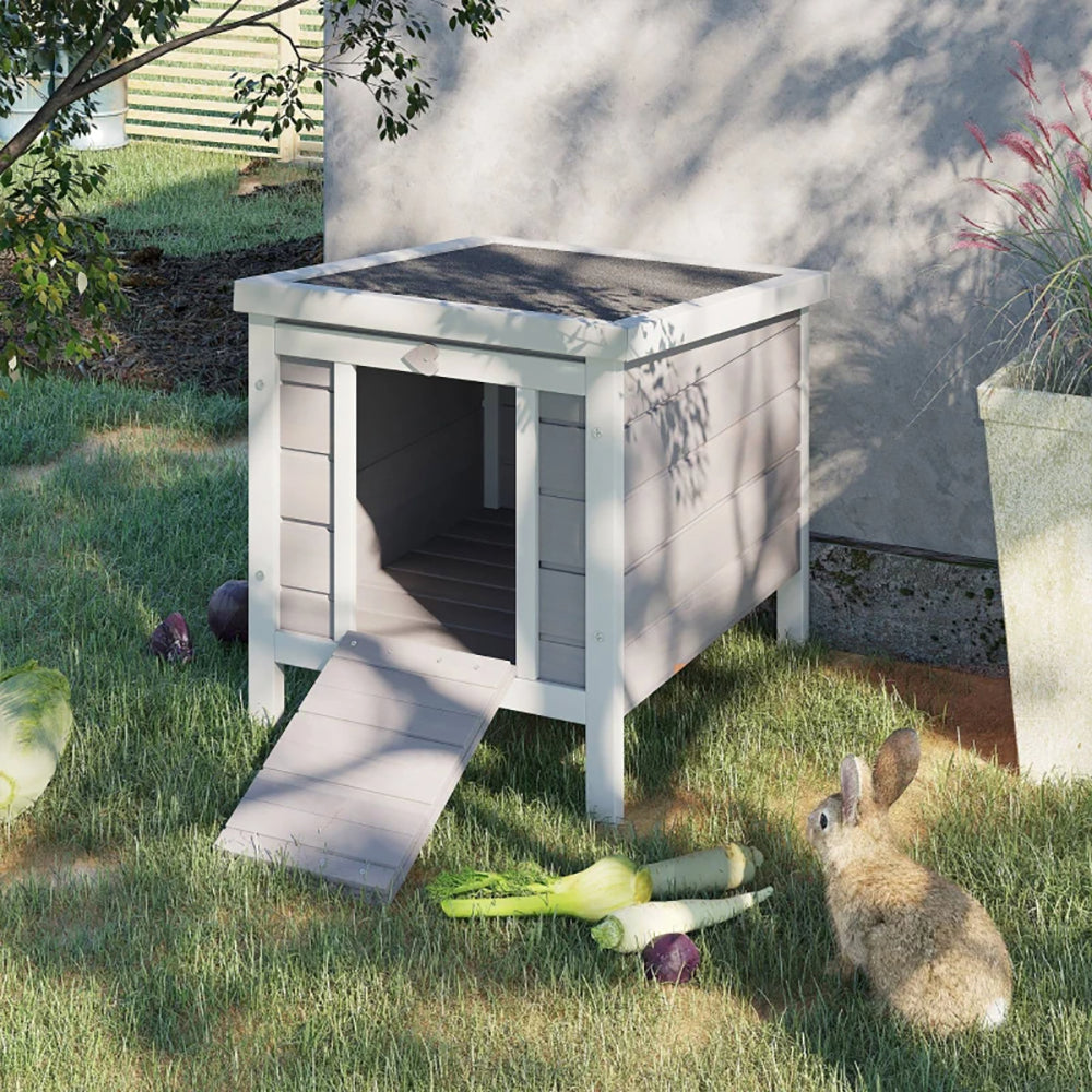 Outdoor Wooden Rabbit Hutch with Waterproof Roof & Raised Platform - Gray Pet House
