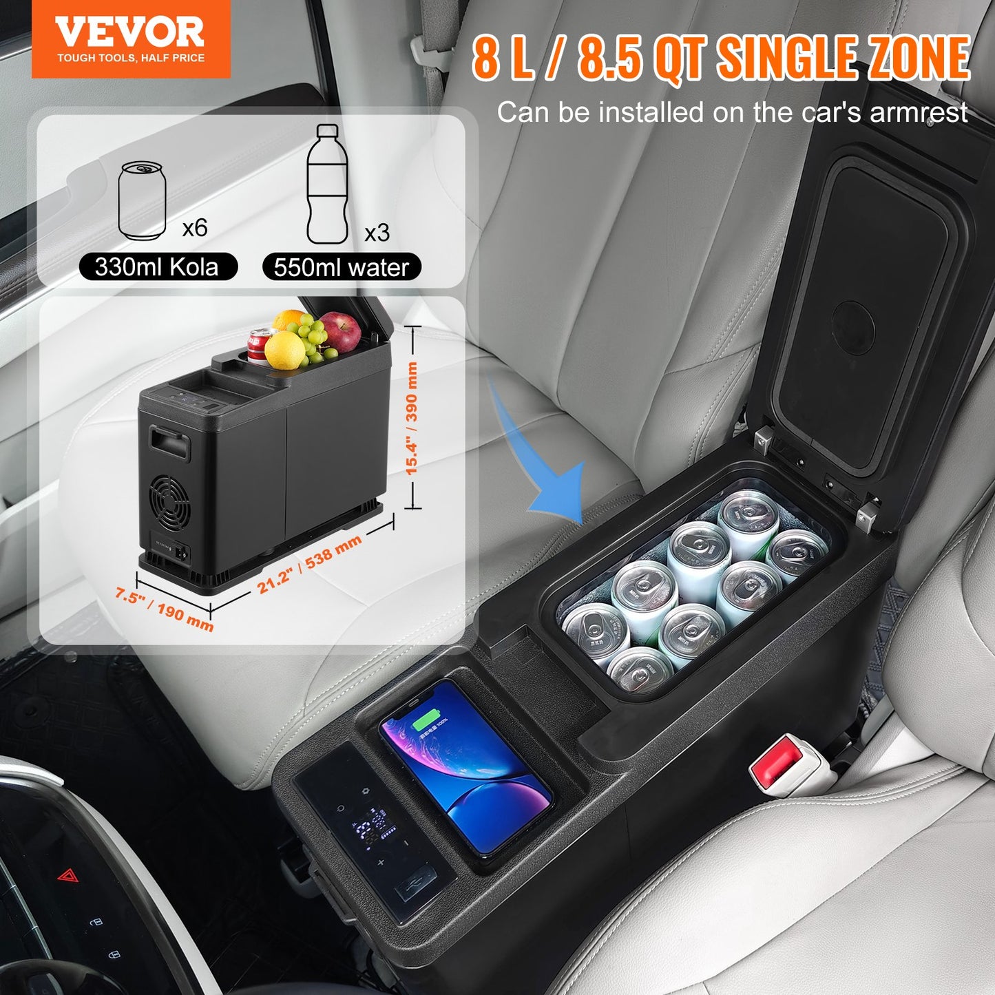 8L Portable Car Refrigerator Freezer - Single Zone, Bluetooth Control, Black