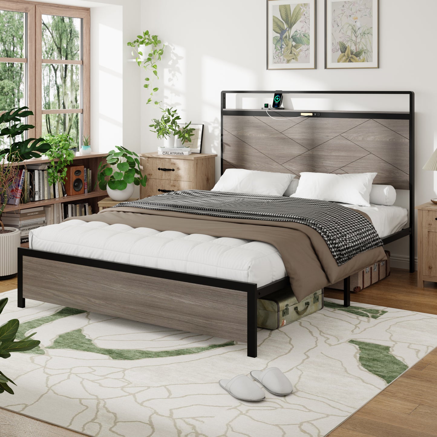 Full Metal Bed Frame with LED Headboard & USB Charging - Antique Gray