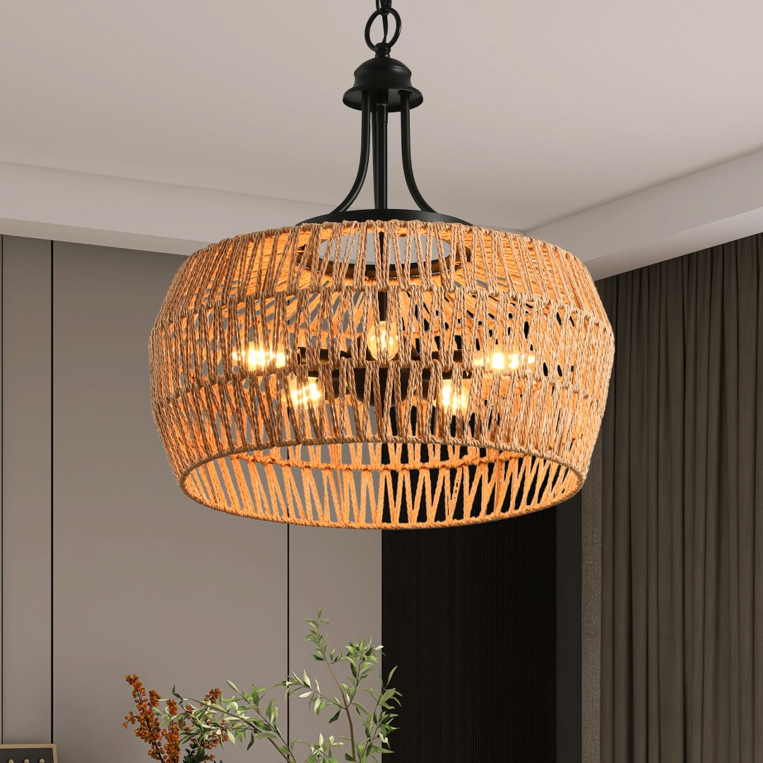 Boho Hemp Rope Pendant Light - Hand-Woven Jute Ceiling Fixture