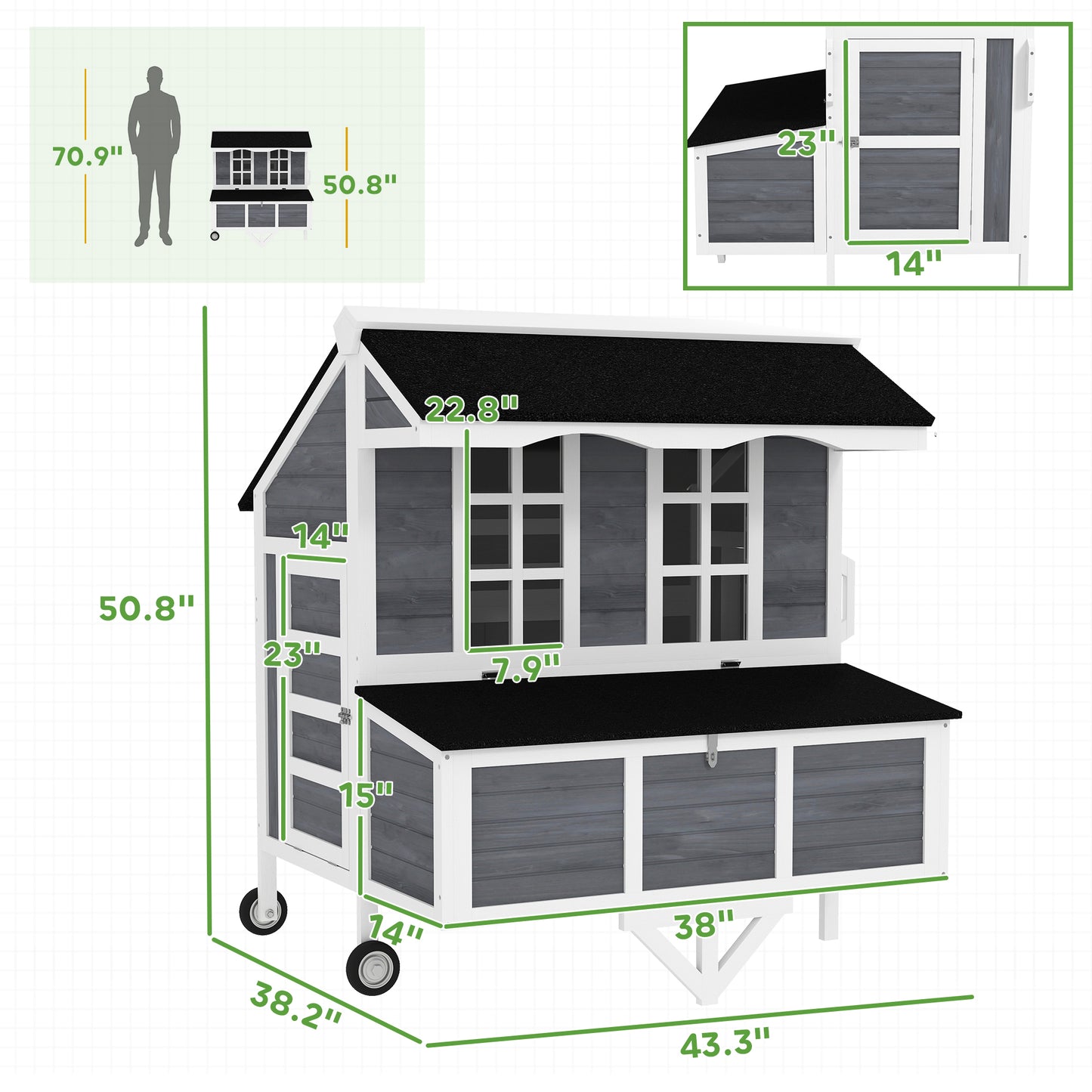 43-Inch Mobile Chicken Coop with Nesting Box and Perches, Gray