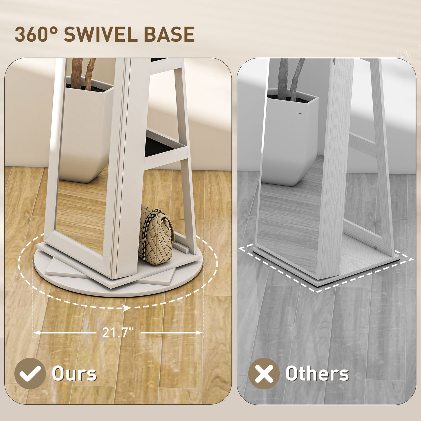 360° Swivel Jewelry Armoire with Full-Length Mirror - White