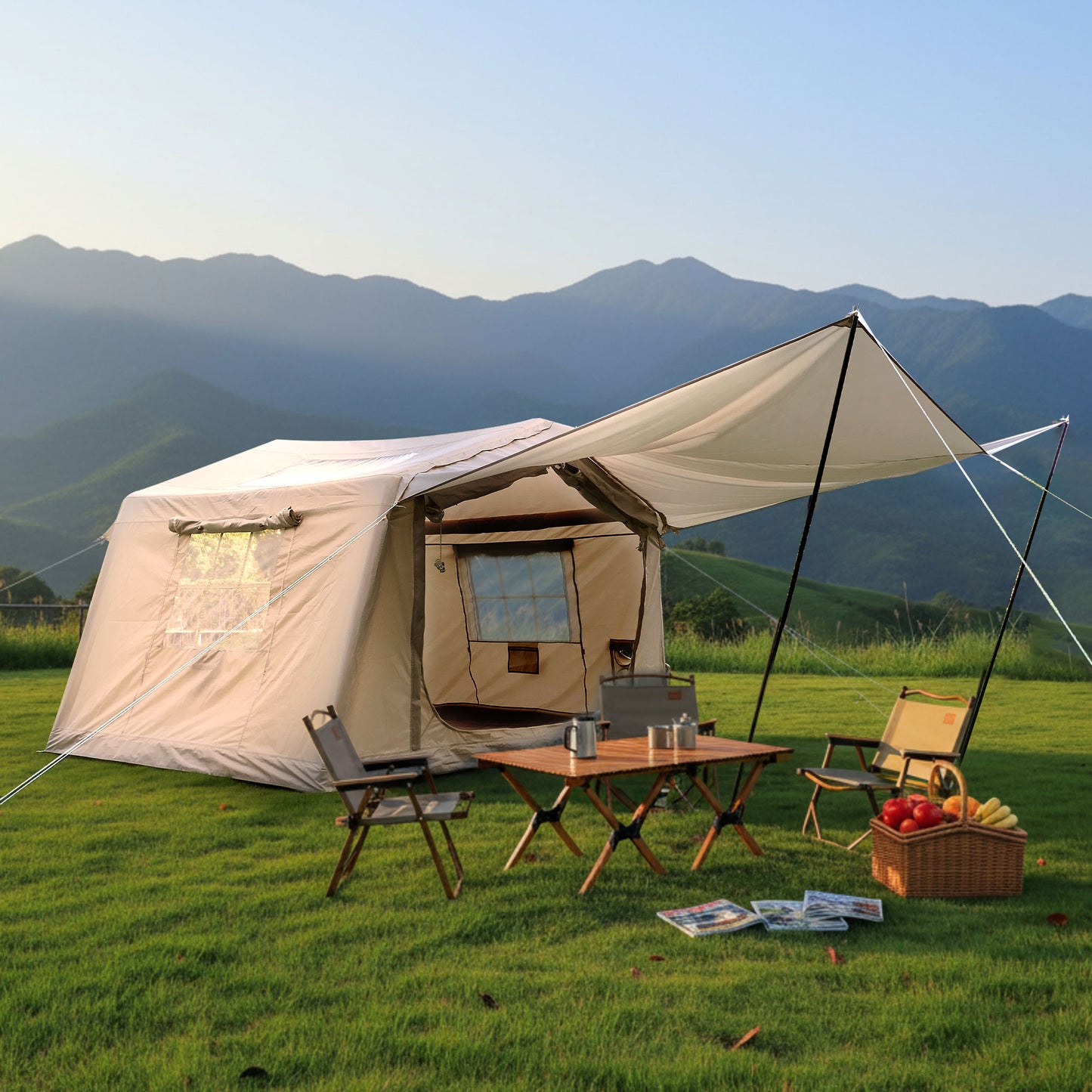 Inflatable Camping Tent with Canopy - Waterproof Beige 4-8 Person