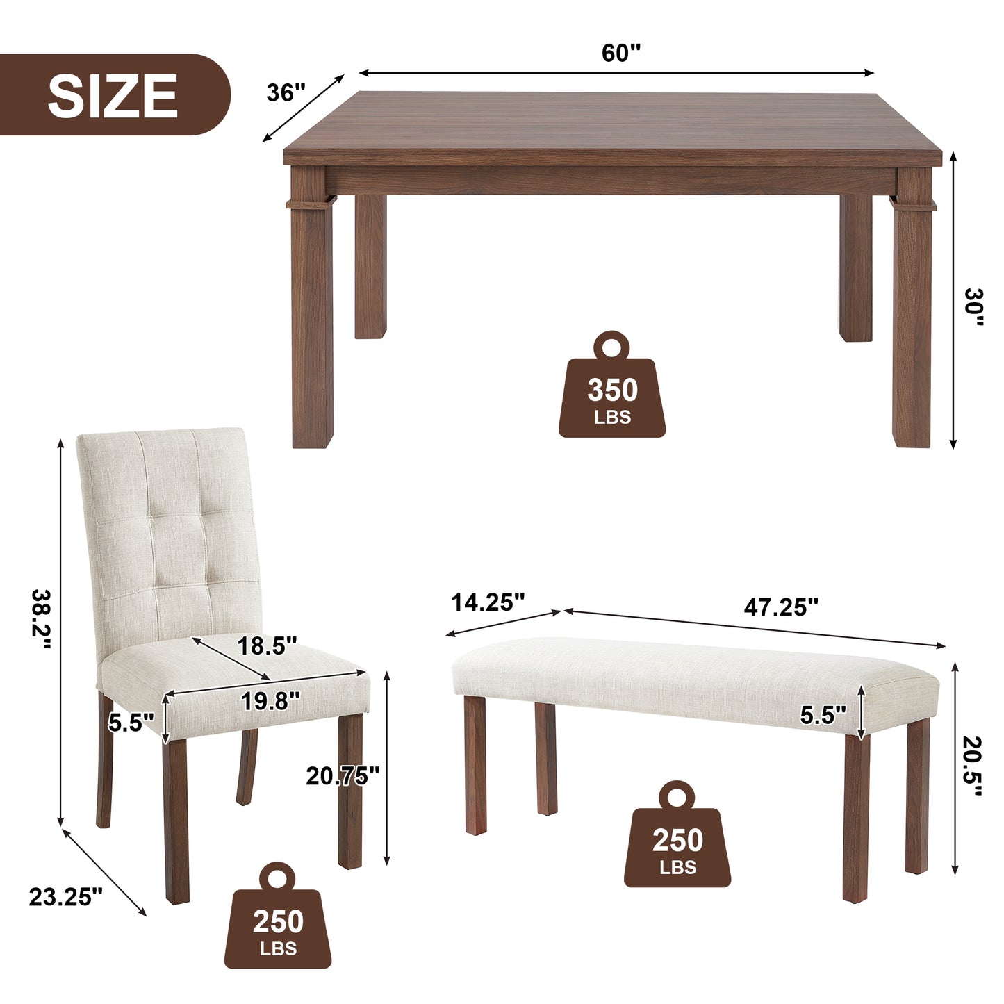 6-Piece Modern Dining Set, Rectangle Kitchen Table With 4 Upholstered