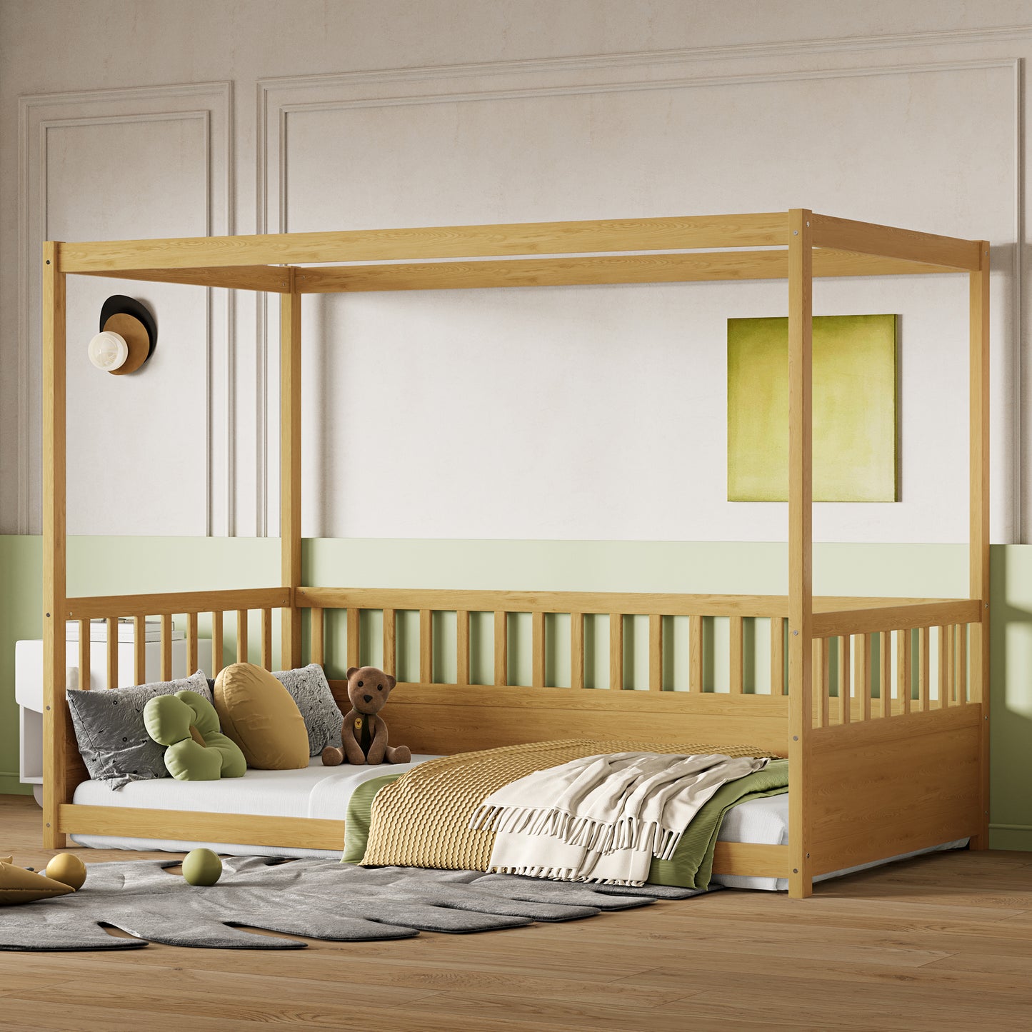 Twin Size Canopy Bed Frame with Guardrails - Natural Wood