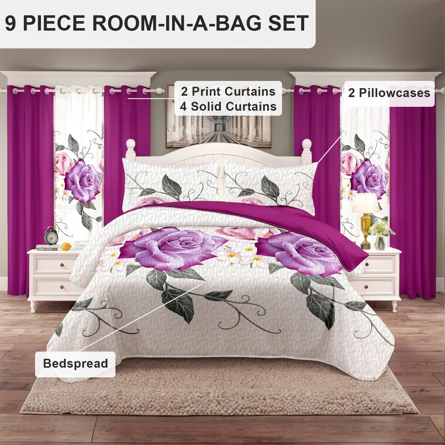 9-Piece Room In A Bag Quilt & Curtain Set - Deep Magenta Floral