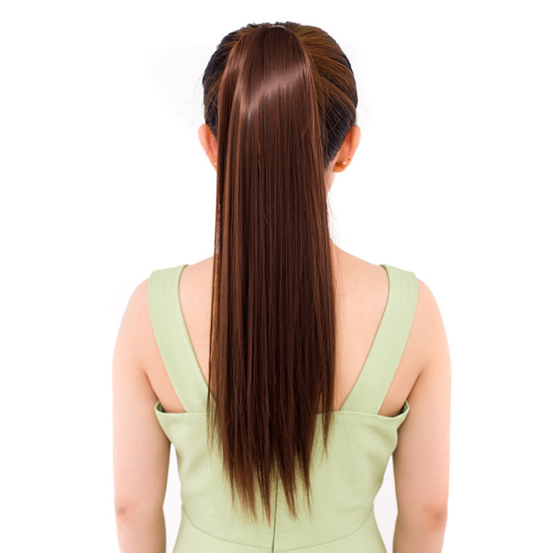 Long Straight Human Hair Wigs with Lace-Up Ponytail - Natural Black & Brown