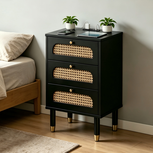 3-Drawer Nightstand with Rattan Fronts and Power Outlet - Black