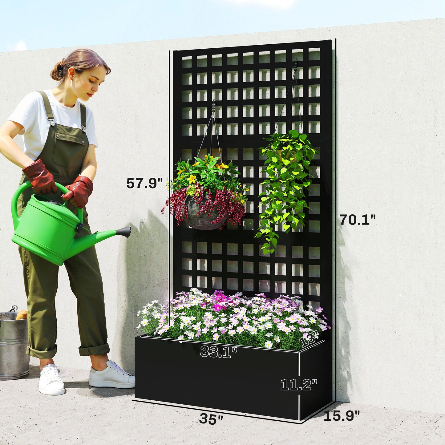 Galvanized Raised Garden Bed Planter with Trellis - 35x16x70 Inches, Black
