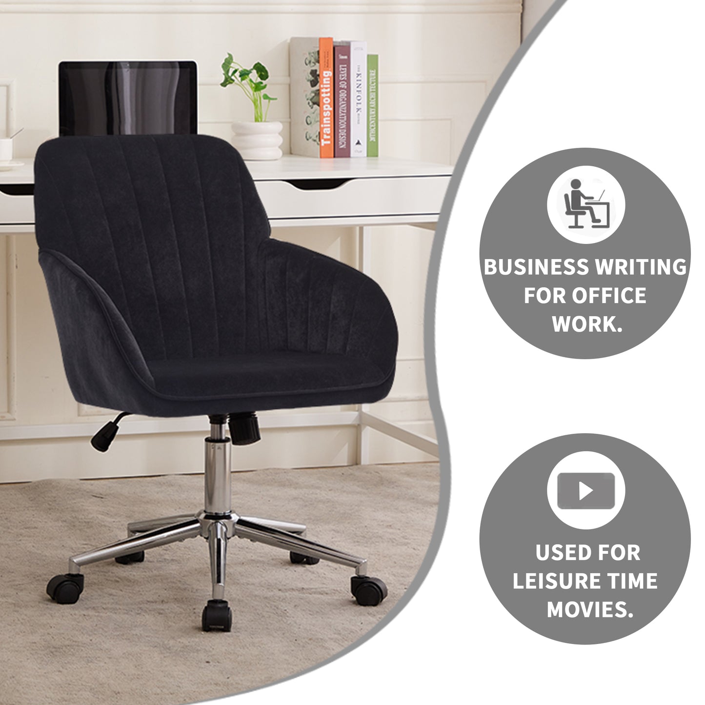 Ergonomic Adjustable Office Chair - Black Velvet Swivel Seat