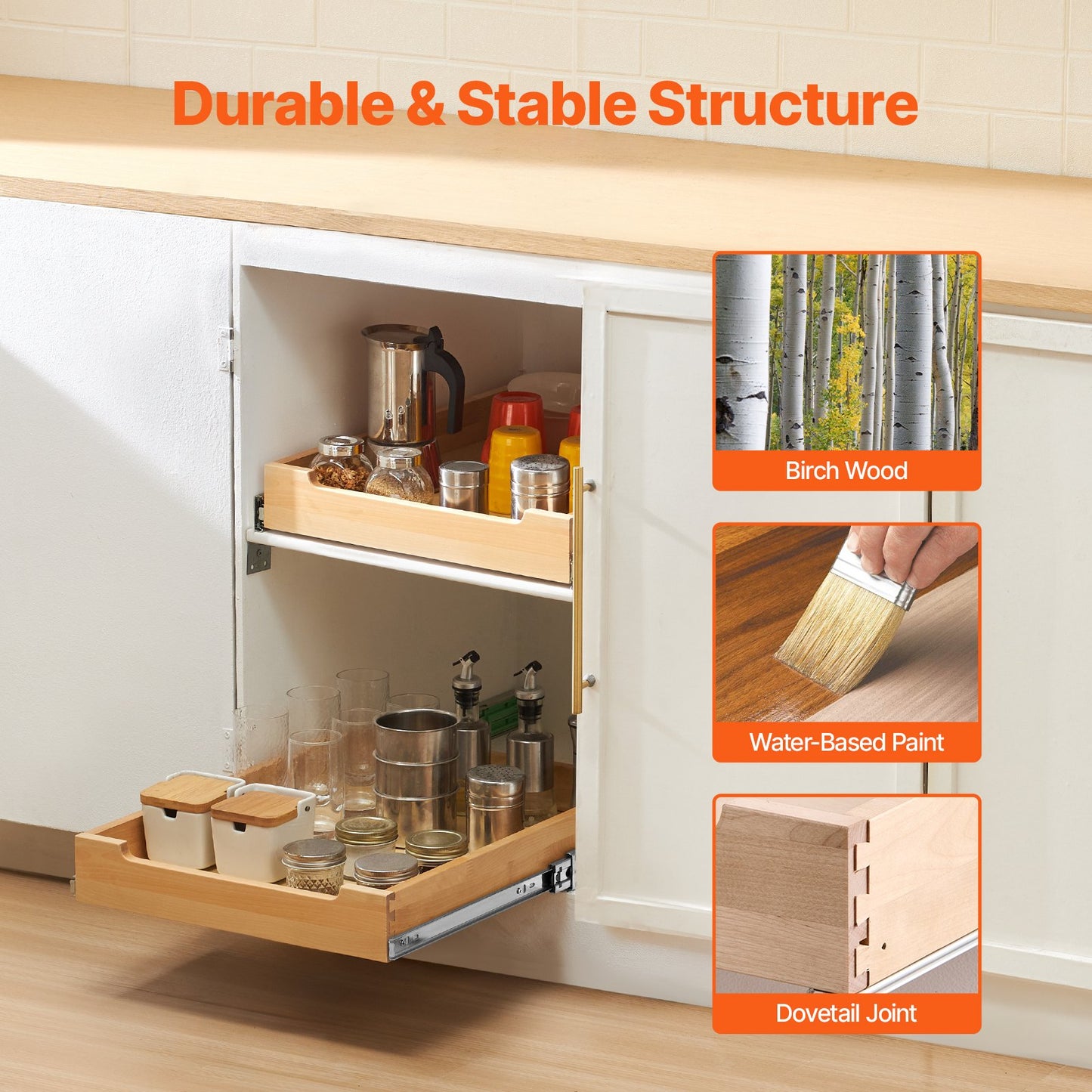 Pull Out Cabinet Organizer - Soft Close Wood Drawer, 17"W x 21"D