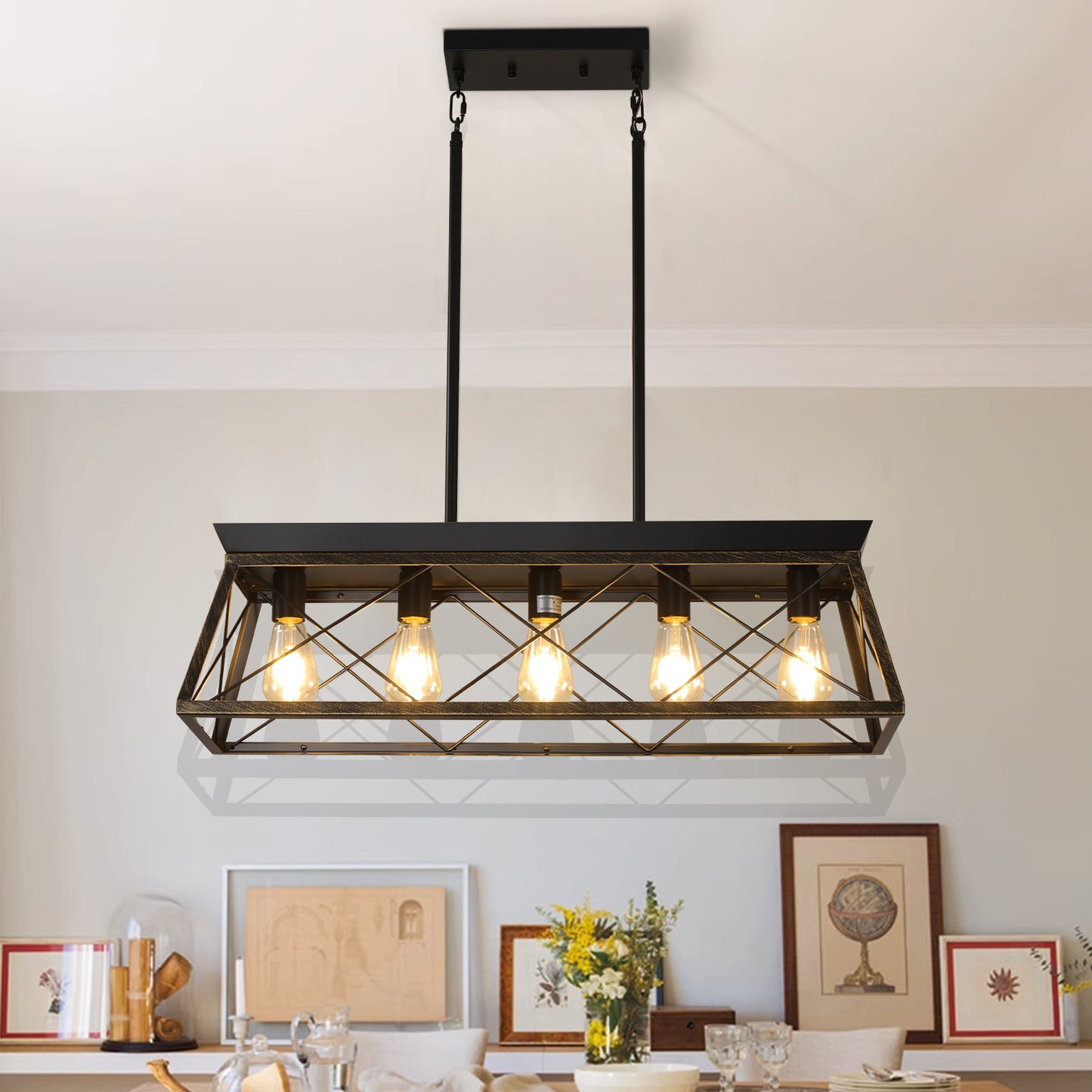 Black Gold Industrial Pendant Light Fixture 32in Modern Metal Cage Chandelier