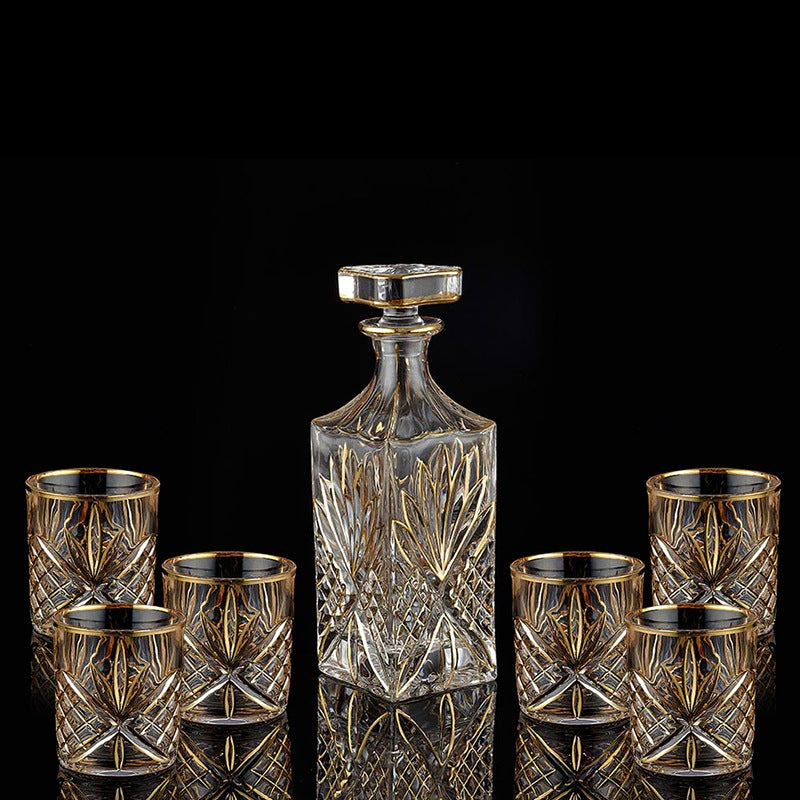 Crystal Whisky Glass Set - Home Bar Drinkware with Gilded Pattern