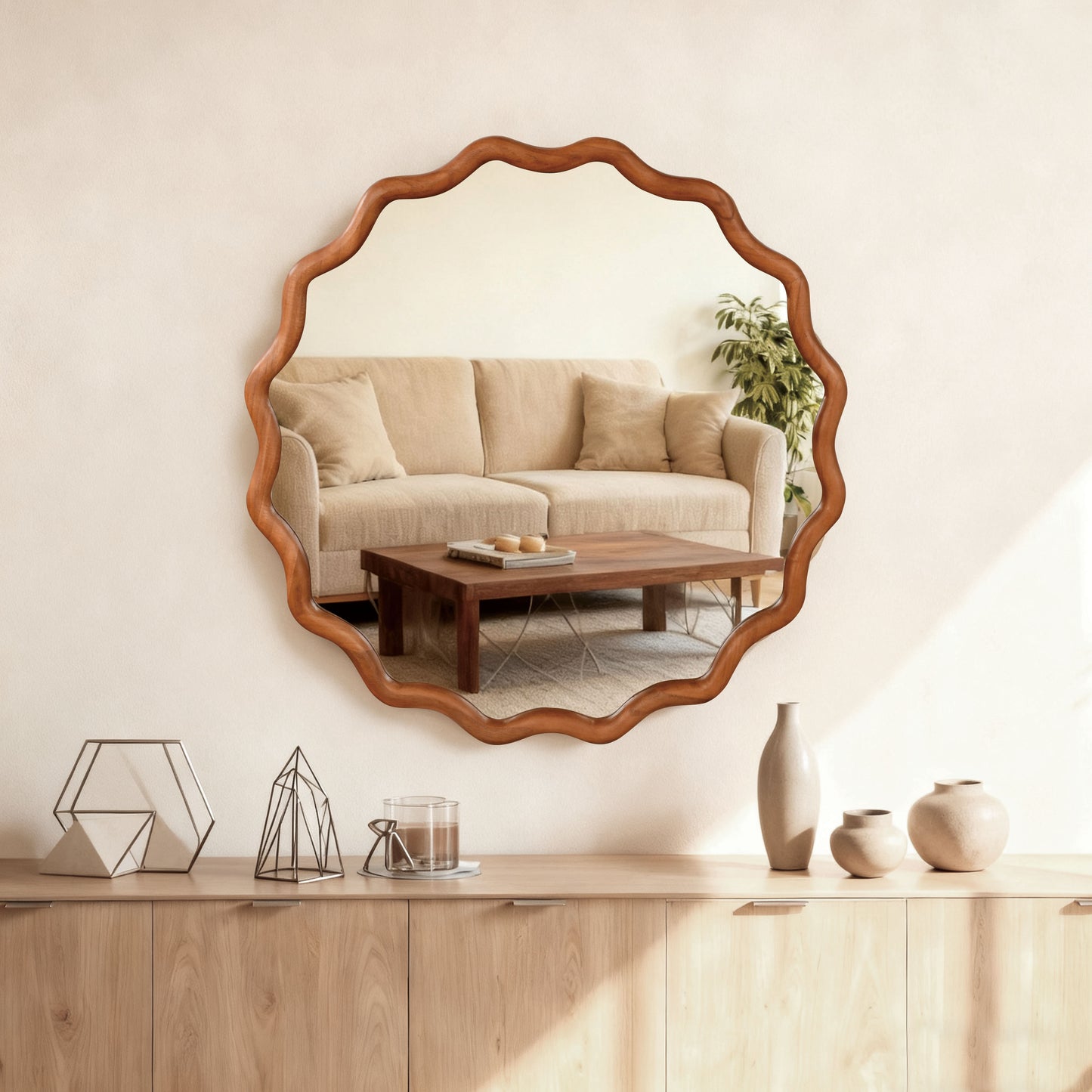 30 Inch Wavy Round Solid Wood Frame Decorative Mirror - Yellow Brown