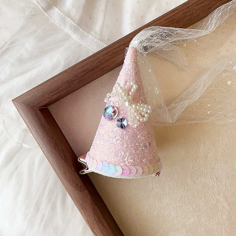 Children's Birthday Hat Hair Clip - Pearl & Feather