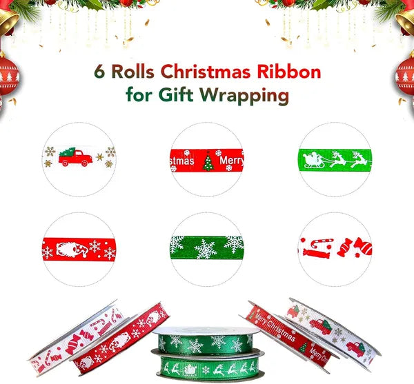 Christmas Grosgrain Ribbon - 60 Yards, Red Green White - 6 Rolls