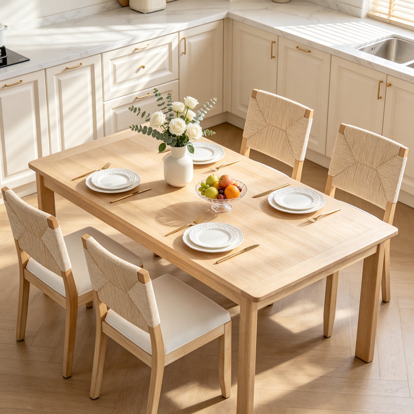 Beige Farmhouse Dining Chairs Set of 2 - Woven Back & Upholstered Seat