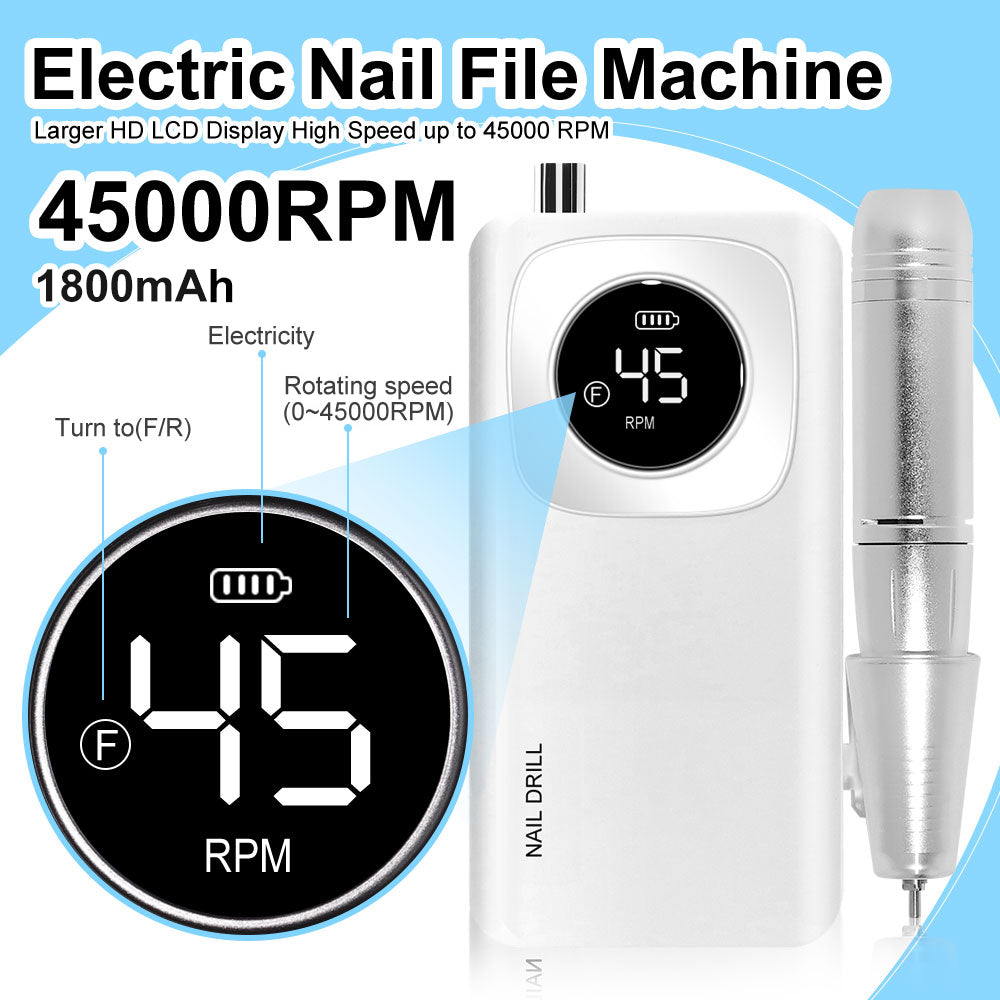 Professional Cordless Nail Drill - 45000RPM Rechargeable E-File Kit