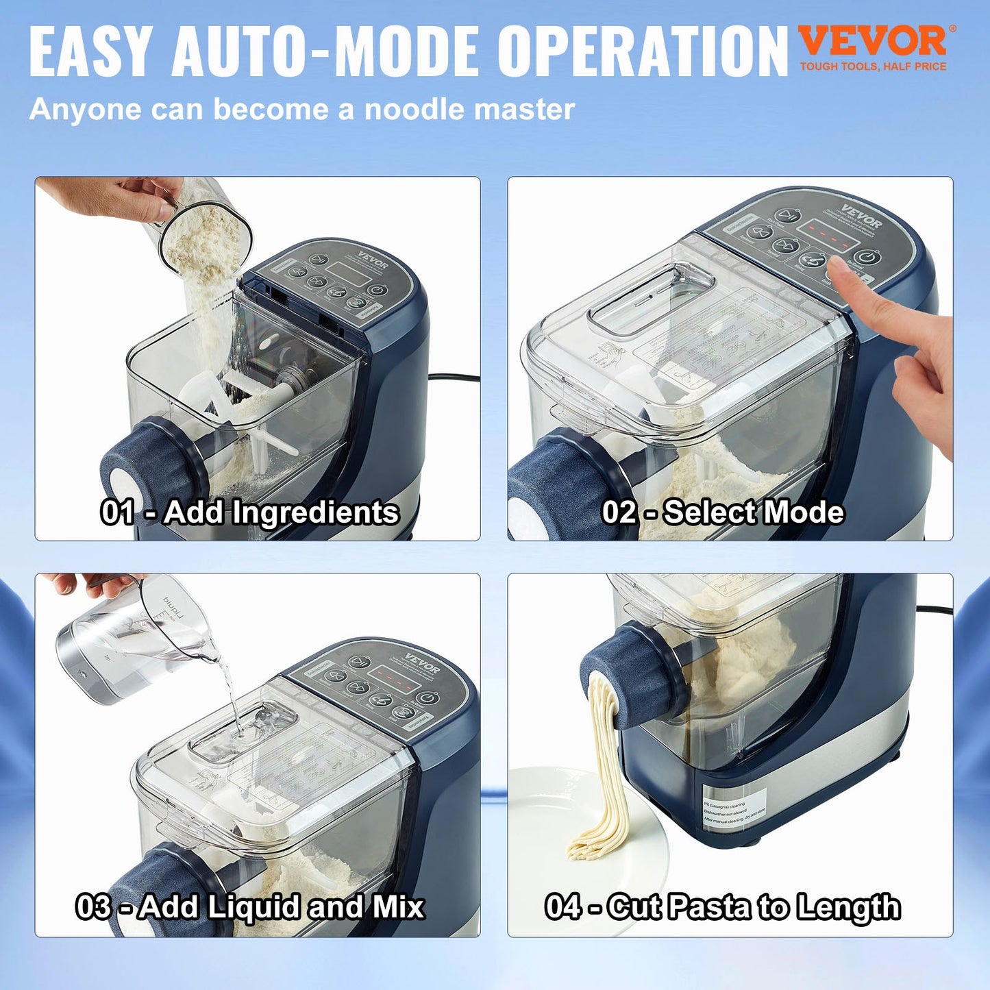 Electric Pasta Maker Machine with 8 Shapes, 4 Modes, 500g Capacity - Blue