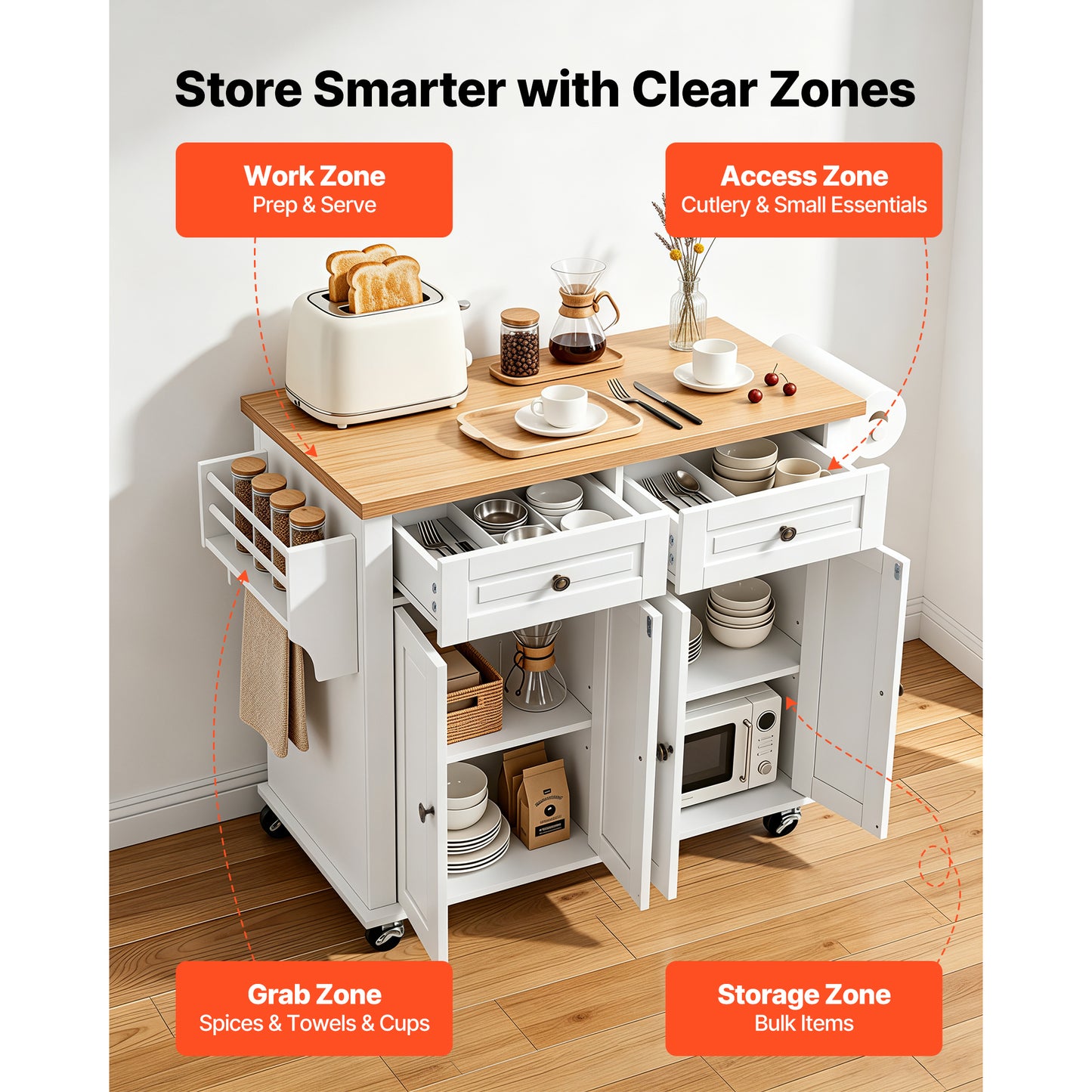 Kitchen Island Cart with Storage, Mobile Rolling Trolley with Drawers & Hooks, White