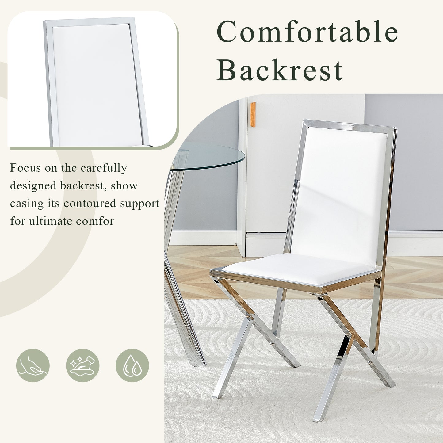 4-pack Silver Metal Framed White PU Dining Chairs Ergonomic Design, A