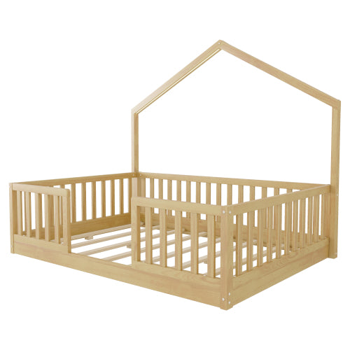 Full Montessori Floor Bed with High Rails & LED Light - Natural