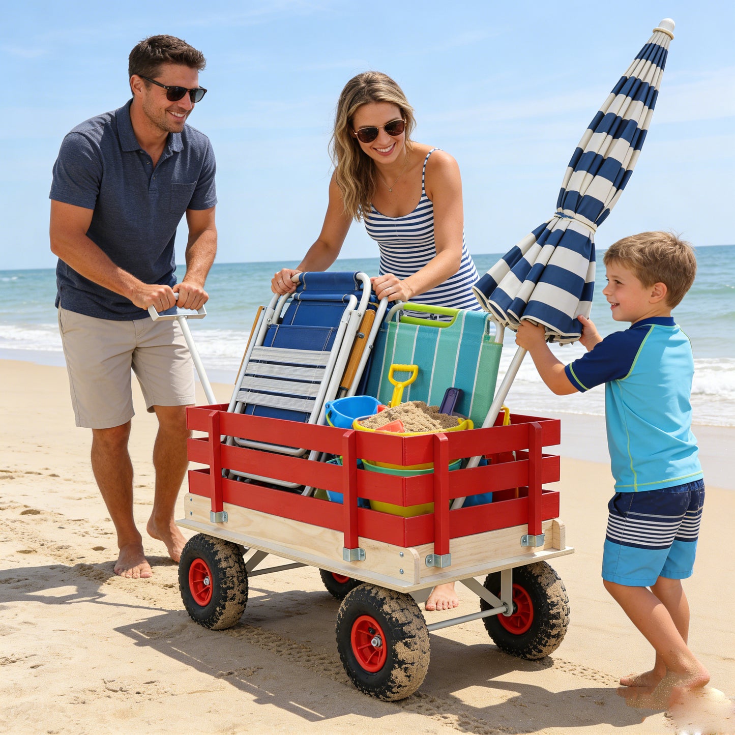 Red Wooden Wagon Cart With Folding Handle, Heavy Duty All-Terrain