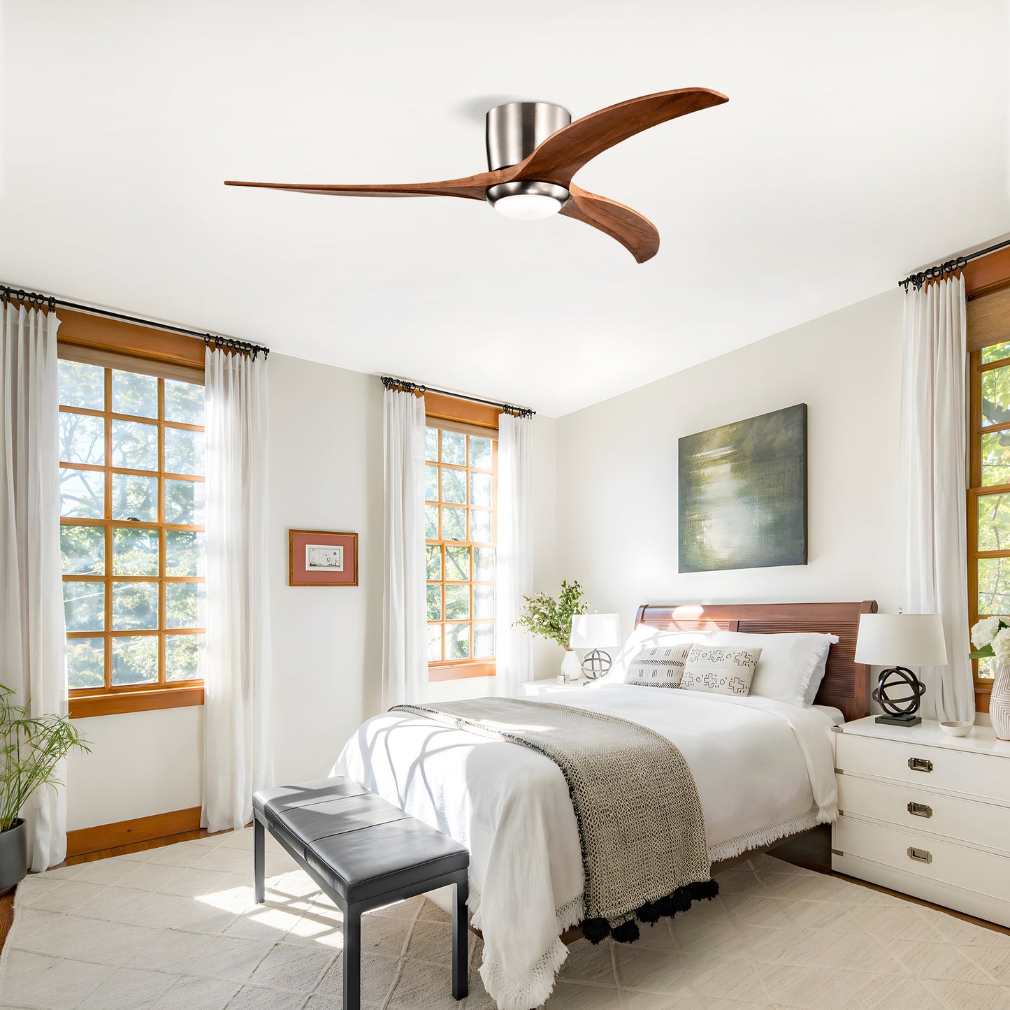 52-Inch Recessed Ceiling Fan with Light Strip, Solid Wood Blades, Remote Control, Noiseless Reversible Motor, Nickel Finish