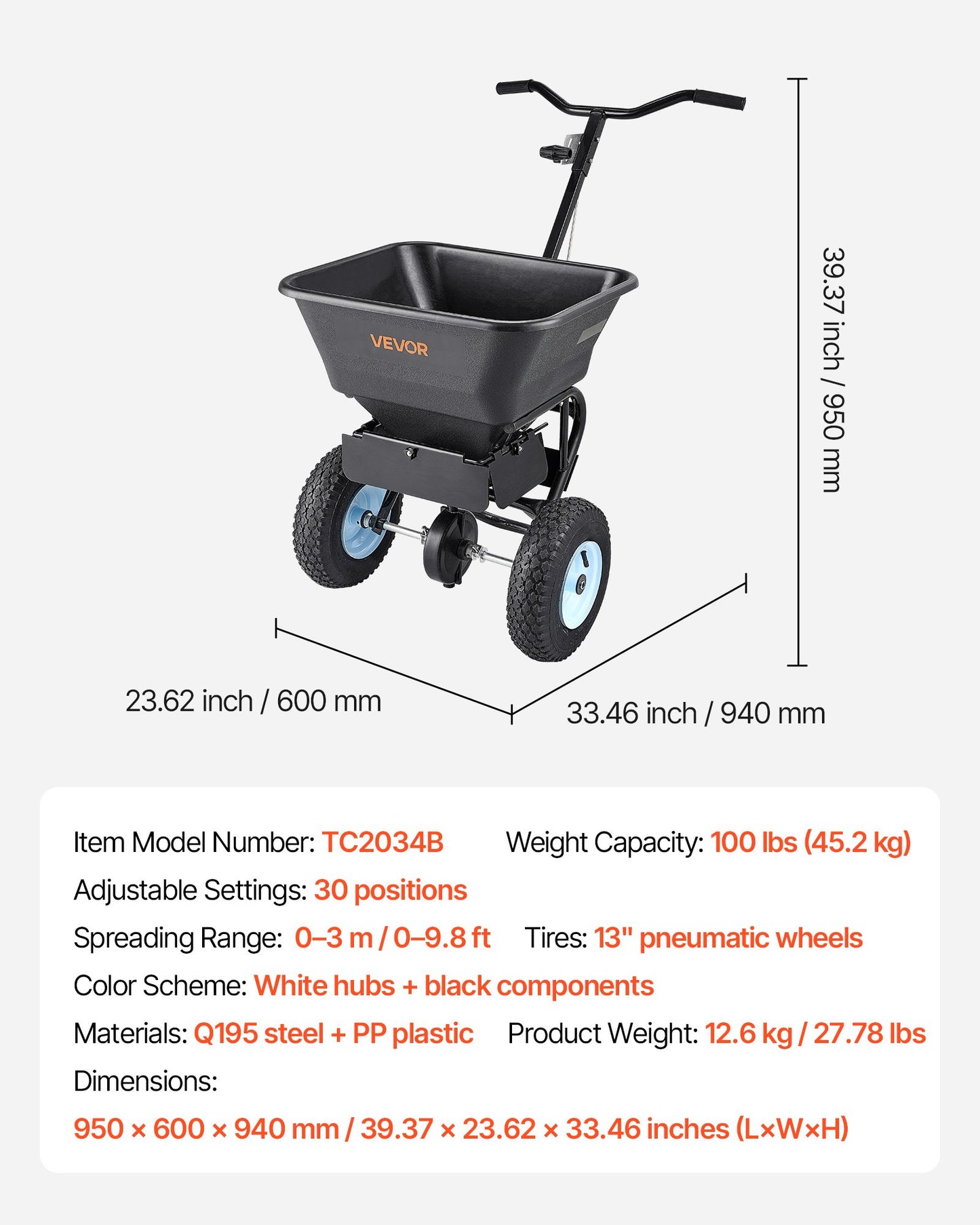 Garden Lawn Spreader 100LBS Capacity Walk-Behind Fertilizer & Seed Dispenser