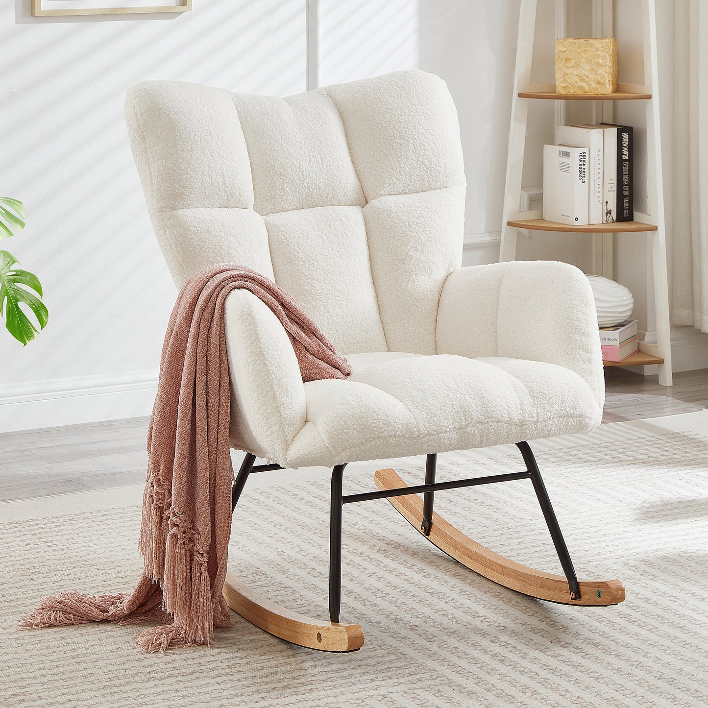 Ivory Upholstered Teddy Fabric Rocking Chair - Ergonomic Design