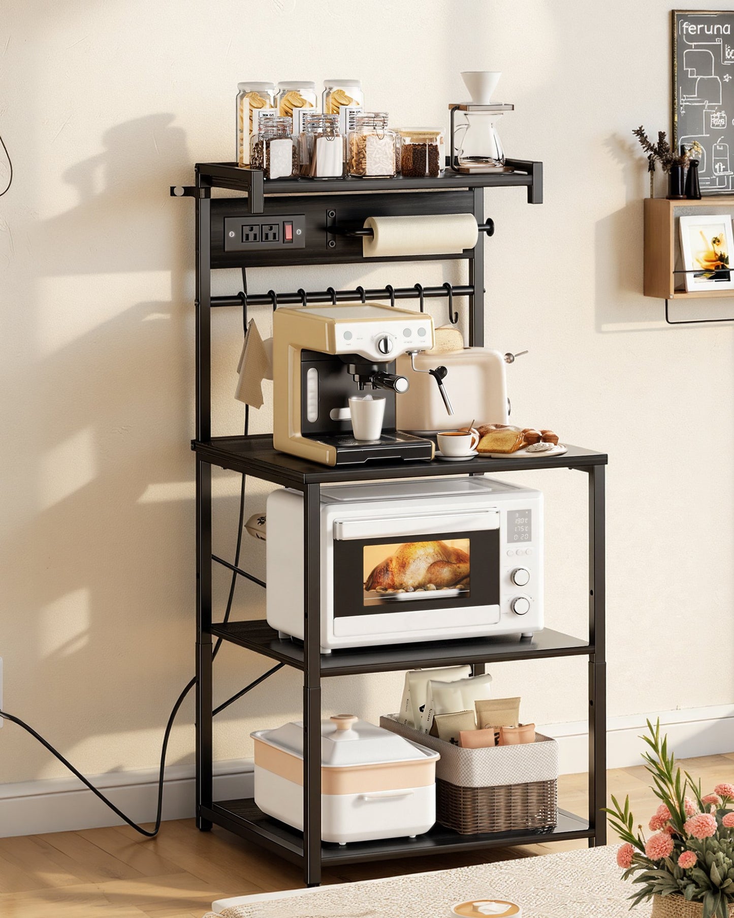 Kitchen Bakers Rack with Power Outlet and Hooks - 4.6ft Black
